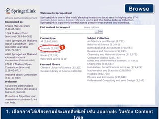 Browse




                          1




1. เลือ กการไล่เ รีย งตามประเภทสิ่ง พิม พ์ เช่น Journals ในช่อ ง Content
                                  type
 