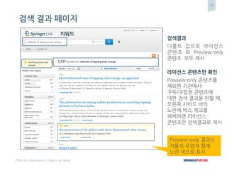 11
[Title for presentation / Date to go here]
검색 결과 페이지
검색결과
디폴트 값으로 라이선스
콘텐츠 와 Preview-only
콘텐츠 모두 제시
라이선스 콘텐츠만 확인
Preview-only 콘텐츠를
제외한 기관에서
구독/구입한 콘텐츠에
대한 검색 결과을 원할 때,
오른쪽 사이드 바의
노란색 박스 체크를
해제하면 라이선스
콘텐츠만 검색결과로 제시
키워드
Preview-only 결과는
자물쇠 모양과 함께
노란 색으로 표시
 