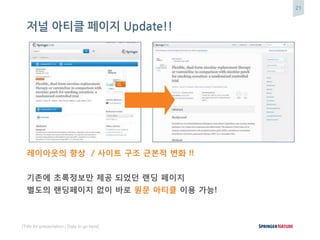 21
[Title for presentation / Date to go here]
레이아웃의 향상 / 사이트 구조 근본적 변화 !!
기존에 초록정보만 제공 되었던 랜딩 페이지
별도의 랜딩페이지 없이 바로 원문 아티클 이용 가능!
저널 아티클 페이지 Update!!
 