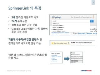 3
[Title for presentation / Date to go here]
• 3배 빨라진 다운로드 속도
• 24개 주제구분
• 검색결과 정련 기능 강화
• Google Logic 이용한 자동 검색어
추천 기능 제공
기관에서 구독/구입한 콘텐츠 만
검색결과로 나오도록 설정 가능
섹션 별 HTML 제공하여 콘텐츠의 접
근성 제고
SpringerLink 의 특징
 