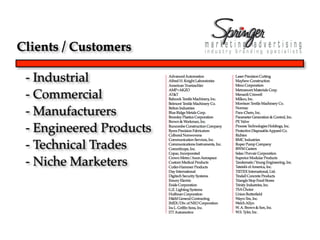 Clients / Customers

 - Industrial
 - Commercial
 - Manufacturers
 - Engineered Products
 - Technical Trades
 - Niche Marketers
 