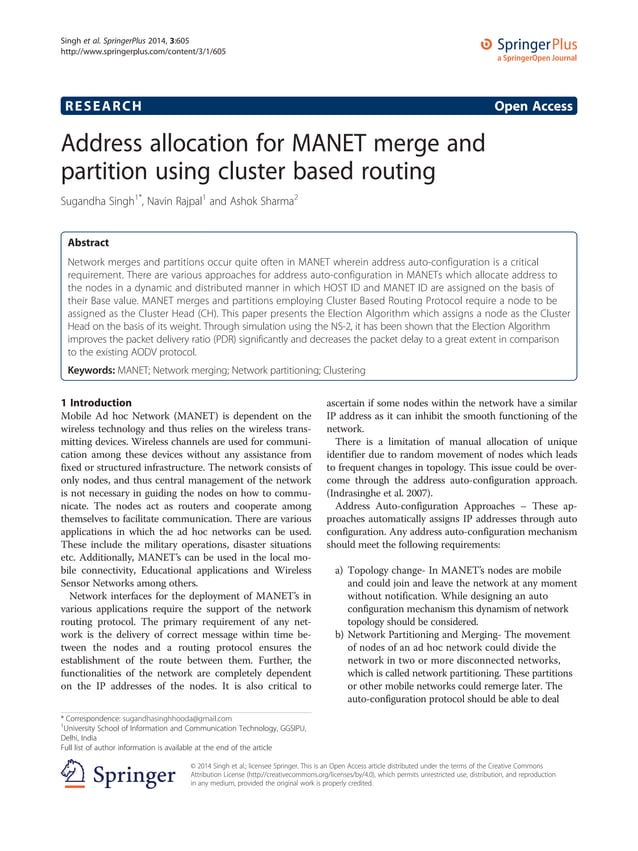 Address allocation for MANET merge and partition using cluster based ...