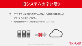 Copyrig ht © 2017 Yahoo Japan Corporation. All Rig hts Reserved.
旧システムの辛い所3
• アーキテクチャが古いのでPaaSなどへの移行は難しい
• IPアドレスに依存していたり
• 処理自体はテキスト処理などで非常にシンプル
 