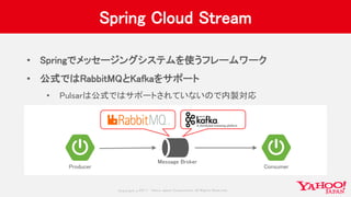 Copyrig ht © 2017 Yahoo Japan Corporation. All Rig hts Reserved.
Spring Cloud Stream
• Springでメッセージングシステムを使うフレームワーク
• 公式ではRabbitMQとKafkaをサポート
• Pulsarは公式ではサポートされていないので内製対応
Producer Consumer
Message Broker
 