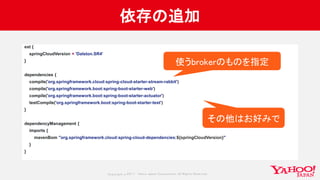 Copyrig ht © 2017 Yahoo Japan Corporation. All Rig hts Reserved.
依存の追加
ext {
springCloudVersion = 'Dalston.SR4'
}
dependencies {
compile('org.springframework.cloud:spring-cloud-starter-stream-rabbit')
compile('org.springframework.boot:spring-boot-starter-web')
compile('org.springframework.boot:spring-boot-starter-actuator')
testCompile('org.springframework.boot:spring-boot-starter-test')
}
dependencyManagement {
imports {
mavenBom "org.springframework.cloud:spring-cloud-dependencies:${springCloudVersion}"
}
}
使うbrokerのものを指定
その他はお好みで
 