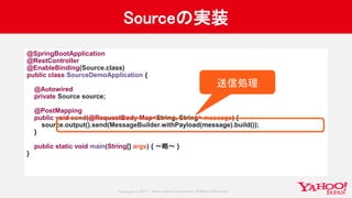 Copyrig ht © 2017 Yahoo Japan Corporation. All Rig hts Reserved.
Sourceの実装
@SpringBootApplication
@RestController
@EnableBinding(Source.class)
public class SourceDemoApplication {
@Autowired
private Source source;
@PostMapping
public void send(@RequestBody Map<String, String> message) {
source.output().send(MessageBuilder.withPayload(message).build());
}
public static void main(String[] args) { 〜略〜 }
}
送信処理
 