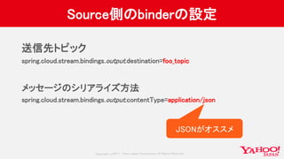 Copyrig ht © 2017 Yahoo Japan Corporation. All Rig hts Reserved.
Source側のbinderの設定
送信先トピック
spring.cloud.stream.bindings.output.destination=foo_topic
メッセージのシリアライズ方法
spring.cloud.stream.bindings.output.contentType=application/json
JSONがオススメ
 