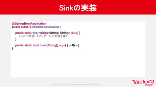 Copyrig ht © 2017 Yahoo Japan Corporation. All Rig hts Reserved.
Sinkの実装
@SpringBootApplication
public class SinkDemoApplication {
public void receive(Map<String, String> data) {
// ここに受信したメッセージの処理を書く
}
public static void main(String[] args) { 〜略〜 }
}
 