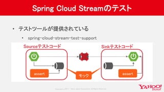 Copyrig ht © 2017 Yahoo Japan Corporation. All Rig hts Reserved.
Spring Cloud Streamのテスト
• テストツールが提供されている
• spring-cloud-stream-test-support
Sourceテストコード Sinkテストコード
assert assert
モックモック
 