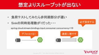 Copyrig ht © 2017 Yahoo Japan Corporation. All Rig hts Reserved.
想定よりスループットが出ない
• 負荷テストしてみたら非同期部分が遅い
• Sinkの同時処理数が1だった・・・
spring.cloud.stream.bindings.input.consumer.concurrency=10
デフォルトは1 適度に増やす
必ず設定する
 
