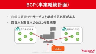 Copyrig ht © 2017 Yahoo Japan Corporation. All Rig hts Reserved.
BCP（事業継続計画）
• 非常災害時でもサービスを継続する必要がある
• 西日本と東日本のDCに分散構築
東日本クラスタ西日本クラスタ
GSLB
 