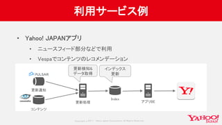 Copyrig ht © 2017 Yahoo Japan Corporation. All Rig hts Reserved.
利用サービス例
• Yahoo! JAPANアプリ
• ニュースフィード部分などで利用
• Vespaでコンテンツのレコメンデーション
コンテンツ
更新処理
Index
アプリBE
更新通知
更新検知&
データ取得
インデックス
更新
 