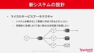 Copyrig ht © 2017 Yahoo Japan Corporation. All Rig hts Reserved.
新システムの設計
• マイクロサービスアーキテクチャ
• システムを細分化して柔軟に対応できるようにしたい
• 同...