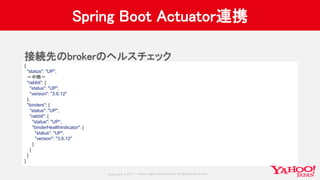 Copyrig ht © 2017 Yahoo Japan Corporation. All Rig hts Reserved.
Spring Boot Actuator連携
接続先のbrokerのヘルスチェック
{
"status": "UP...