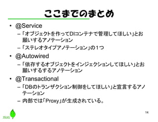 ここまでのまとめ
• @Service
– 「オブジェクトを作ってDIコンテナで管理してほしい」とお
願いするアノテーション
– 「ステレオタイプアノテーション」の１つ
• @Autowired
– 「依存するオブジェクトをインジェクションしてほしい」とお
願いするするアノテーション
• @Transactional
– 「DBのトランザクション制御をしてほしい」と宣言するアノ
テーション
– 内部では「Proxy」が生成されている。
14
 
