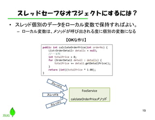スレッドセーフなオブジェクトにするには？
• スレッド個別のデータをローカル変数で保持すればよい。
– ローカル変数は、メソッドが呼び出される度に個別の変数になる
19
スレッドB
FooService
calclateOrderPriceメソッド
【OKな作り】
 