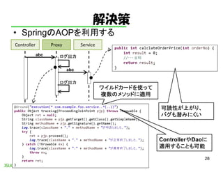 • SpringのAOPを利用する
解決策
28
abc
Controller Proxy Service
abc
ログ出力
ログ出力
ワイルドカードを使って
複数のメソッドに適用
可読性が上がり、
バグも潜みにくい
ControllerやDaoに
適用することも可能
 