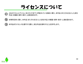 32
ライセンスについて
• JSUGマスコットアイコン（本スライド左下）が残されている場合に限り、本作品（またそれを元にした派生
作品）の複製・頒布・表示・上演を認めます。
• 非商用目的に限り、本作品（またそれを元にした派生作品）の複製・頒布・表示・上演を認めます。
• 本作品のライセンスを遵守する限り、派生作品を頒布することを許可します。
 