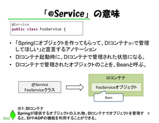 「@Service」の意味
• 「Springにオブジェクトを作ってもらって、DIコンテナ※1で管理
してほしい」と宣言するアノテーション
• DIコンテナ起動時に、DIコンテナで管理された状態になる。
• DIコンテナで管理されたオブジェクトのことを、Beanと呼ぶ。
6
DIコンテナ
FooServiceオブジェクト
※1：DIコンテナ
Springが提供するオブジェクトの入れ物。DIコンテナでオブジェクトを管理す
ると、DIやAOPの機能を利用することができる。
@Service
FooServiceクラス
Bean
 