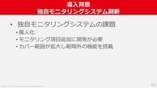 Copyright (C) 2018 Yahoo Japan Corporation. All Rights Reserved.
導入背景
独自モニタリングシステム刷新
15
• 独自モニタリングシステムの課題
• 属人化
• モニタリング項目追加に開発が必要
• カバー範囲が拡大し範疇外の機能を搭載
 