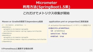 Copyright (C) 2018 Yahoo Japan Corporation. All Rights Reserved.
Micrometer
利用方法(SpringBoot1.5系)
29
Maven or Gradleの設定でdependency追加 application.yml or propertiesに設定追加
※Prometheusと連携する場合の例
これだけでメトリクス収集が開始
 