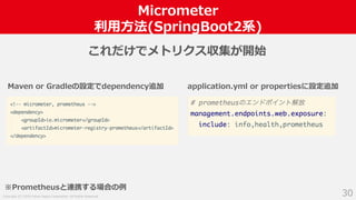 Copyright (C) 2018 Yahoo Japan Corporation. All Rights Reserved.
Micrometer
利用方法(SpringBoot2系)
30
※Prometheusと連携する場合の例
これだけでメトリクス収集が開始
Maven or Gradleの設定でdependency追加 application.yml or propertiesに設定追加
 