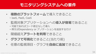 Copyright (C) 2018 Yahoo Japan Corporation. All Rights Reserved.
モニタリングシステムへの要件
34
• 複数のプラットフォームで導入できること
• IaaS, PaaS, CaaS
• 監視対象アプリケーションへの導入が容易であること
• 可能であればコード修正なしで導入
• 例えばDependency or アノテーションを追加するだけ
• 閾値超えアラートを利用できること
• グラフで可視化できること(当たり前)
• 任意の監視項目・グラフを自由に追加できること
 