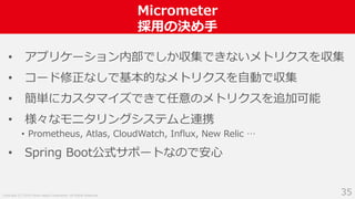 Copyright (C) 2018 Yahoo Japan Corporation. All Rights Reserved.
Micrometer
採用の決め手
35
• アプリケーション内部でしか収集できないメトリクスを収集
• コード修正なしで基本的なメトリクスを自動で収集
• 簡単にカスタマイズできて任意のメトリクスを追加可能
• 様々なモニタリングシステムと連携
• Prometheus, Atlas, CloudWatch, Influx, New Relic …
• Spring Boot公式サポートなので安心
 