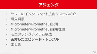 Copyright (C) 2018 Yahoo Japan Corporation. All Rights Reserved.
アジェンダ
52
• ヤフーのインターネット広告システム紹介
• 導入背景
• Micrometer/Prometheus説明
• Micrometer/Prometheus採用理由
• モニタリングシステム構成
• 苦労したエピソード・トラブル
• まとめ
 