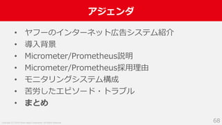 Copyright (C) 2018 Yahoo Japan Corporation. All Rights Reserved.
アジェンダ
68
• ヤフーのインターネット広告システム紹介
• 導入背景
• Micrometer/Prometheus説明
• Micrometer/Prometheus採用理由
• モニタリングシステム構成
• 苦労したエピソード・トラブル
• まとめ
 