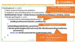 ModelAttributeMethodProcessor#resolveArgument()
(C) CASAREAL, Inc. All rights reserved. 111
if (bindingResult == null) {
// Bean property binding and validation;
// skipped in case of binding failure on construction.
WebDataBinder binder = binderFactory.createBinder(webRequest, attribute, name);
if (binder.getTarget() != null) {
if (!mavContainer.isBindingDisabled(name)) {
bindRequestParameters(binder, webRequest);
}
validateIfApplicable(binder, parameter);
if (binder.getBindingResult().hasErrors() && isBindExceptionRequired(binder,
parameter)) {
throw new BindException(binder.getBindingResult());
}
}
}
Form、BindingResult
のインスタンスを保持する
WebDataBinderを生成
フォームのsetterでパラメータの代入
Bean Validation実行
・入力検証でエラー
・引数にBindingResultがない
は例外スロー
 