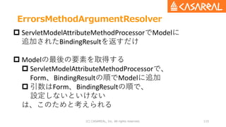 ErrorsMethodArgumentResolver
(C) CASAREAL, Inc. All rights reserved. 115
 ServletModelAttributeMethodProcessorでModelに
追加されたBindingResultを返すだけ
 Modelの最後の要素を取得する
 ServletModelAttributeMethodProcessorで、
Form、BindingResultの順でModelに追加
 引数はForm、BindingResultの順で、
設定しないといけない
は、このためと考えられる
 