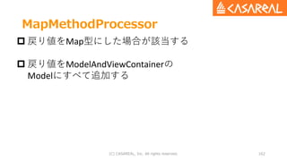 MapMethodProcessor
(C) CASAREAL, Inc. All rights reserved. 162
 戻り値をMap型にした場合が該当する
 戻り値をModelAndViewContainerの
Modelにすべて追加する
 