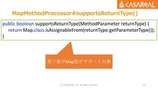 (C) CASAREAL, Inc. All rights reserved. 163
public boolean supportsReturnType(MethodParameter returnType) {
return Map.class.isAssignableFrom(returnType.getParameterType());
}
MapMethodProcessor#supportsReturnType()
戻り値がMap型がサポート対象
 