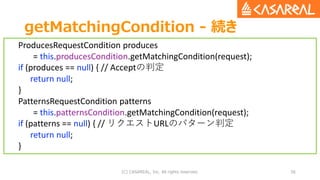 getMatchingCondition - 続き
(C) CASAREAL, Inc. All rights reserved. 56
ProducesRequestCondition produces
= this.producesCond...