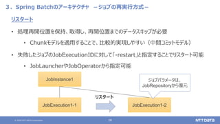 © 2020 NTT DATA Corporation 28
３．Spring Batchのアーキテクチャ －ジョブの再実行方式－
リスタート
• 処理再開位置を保持、取得し、再開位置までのデータスキップが必要
• Chunkモデルを適用することで、比較的実現しやすい（中間コミットモデル）
• 失敗したジョブのJobExecutionIDに対して「-restart」と指定することでリスタート可能
• JobLauncherやJobOperatorから指定可能
JobInstance1
JobExecution1-1
リスタート
JobExecution1-2
ジョブパラメータは、
JobRepositoryから復元
 