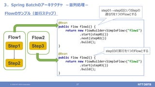 © 2020 NTT DATA Corporation 37
３．Spring Batchのアーキテクチャ －並列処理－
Flowのサンプル（並行ステップ）
@Bean
public Flow flow1() {
return new FlowBuilder<SimpleFlow>("flow1")
.start(step01())
.next(step02())
.build();
}
@Bean
public Flow flow2() {
return new FlowBuilder<SimpleFlow>("flow2")
.start(step03())
.build();
}
step01→step02というStepの
連なりを1つのFlowとする
step03の実行を1つのFlowとする
Flow1
Step1
Step2
Flow2
Step3
 