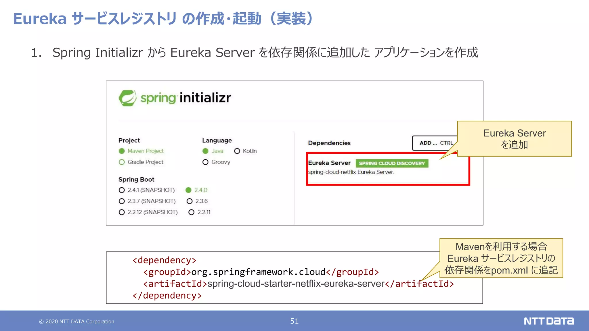 © 2020 NTT DATA Corporation 51
Eureka サービスレジストリ の作成・起動（実装）
1. Spring Initializr から Eureka Server を依存関係に追加した アプリケーションを作成
<dependency>
<groupId>org.springframework.cloud</groupId>
<artifactId>spring-cloud-starter-netflix-eureka-server</artifactId>
</dependency>
Mavenを利用する場合
Eureka サービスレジストリの
依存関係をpom.xml に追記
Eureka Server
を追加
 