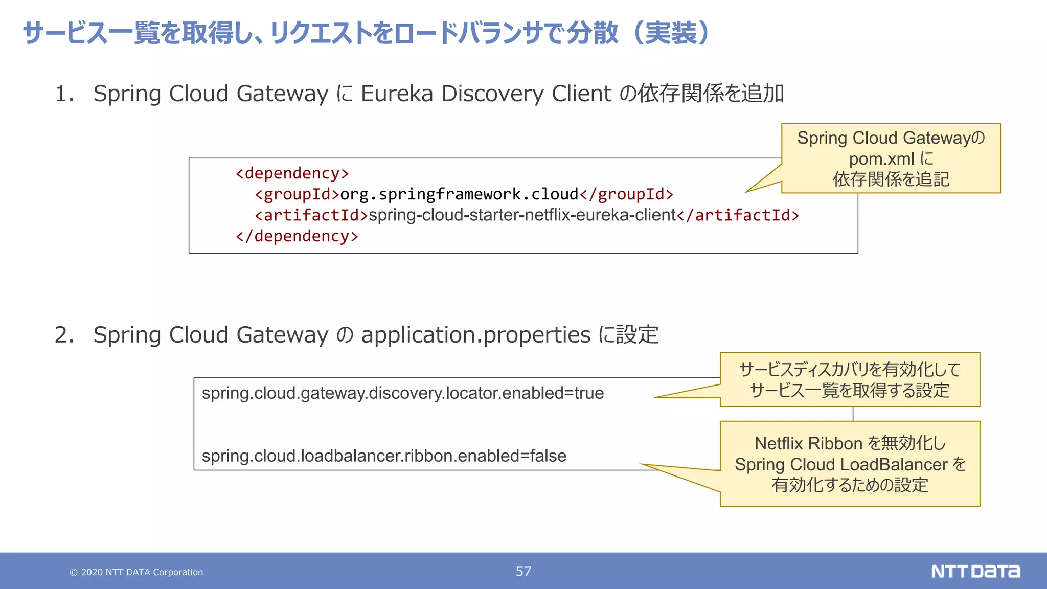 © 2020 NTT DATA Corporation 57
サービス一覧を取得し、リクエストをロードバランサで分散（実装）
1. Spring Cloud Gateway に Eureka Discovery Client の依存関係を追加
2. Spring Cloud Gateway の application.properties に設定
spring.cloud.gateway.discovery.locator.enabled=true
spring.cloud.loadbalancer.ribbon.enabled=false
<dependency>
<groupId>org.springframework.cloud</groupId>
<artifactId>spring-cloud-starter-netflix-eureka-client</artifactId>
</dependency>
Spring Cloud Gatewayの
pom.xml に
依存関係を追記
サービスディスカバリを有効化して
サービス一覧を取得する設定
Netflix Ribbon を無効化し
Spring Cloud LoadBalancer を
有効化するための設定
 