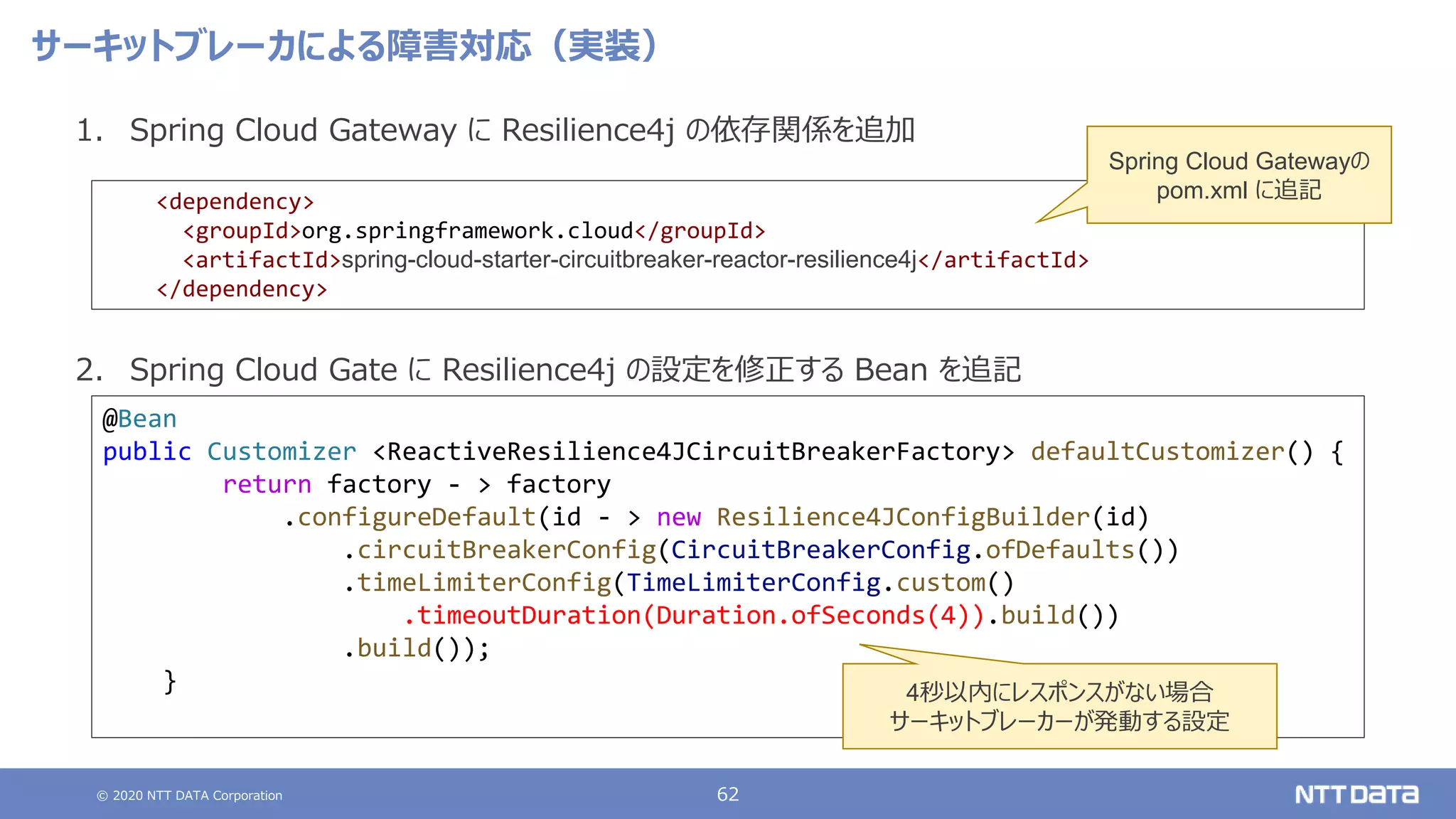 © 2020 NTT DATA Corporation 62
サーキットブレーカによる障害対応（実装）
1. Spring Cloud Gateway に Resilience4j の依存関係を追加
2. Spring Cloud Gate に Resilience4j の設定を修正する Bean を追記
<dependency>
<groupId>org.springframework.cloud</groupId>
<artifactId>spring-cloud-starter-circuitbreaker-reactor-resilience4j</artifactId>
</dependency>
Spring Cloud Gatewayの
pom.xml に追記
@Bean
public Customizer <ReactiveResilience4JCircuitBreakerFactory> defaultCustomizer() {
return factory - > factory
.configureDefault(id - > new Resilience4JConfigBuilder(id)
.circuitBreakerConfig(CircuitBreakerConfig.ofDefaults())
.timeLimiterConfig(TimeLimiterConfig.custom()
.timeoutDuration(Duration.ofSeconds(4)).build())
.build());
} 4秒以内にレスポンスがない場合
サーキットブレーカーが発動する設定
 