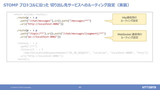© 2020 NTT DATA Corporation 40
STOMP プロトコルに沿った 切り出し先サービスへのルーティング設定（実装）
return builder.routes()
.route(p - > p
.path("/chat/messages").or().path("/messages/**")
.uri("http://localhost:8082"))
.route(p - > p
.path("/topic/**").or().path("/chat/messages/{segment}/**")
.uri("ws://localhost:8082"))
.route(p - > p
.path("/**")
.filters(f - > f
.rewriteLocationResponseHeader("AS_IN_REQUEST", "Location", "localhost:8080", "http"))
.uri("http://localhost:8081"))
.build();
WebSocket 通信用の
ルーティング設定
http通信用の
ルーティング設定
 