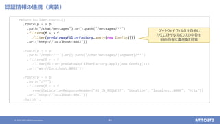 © 2020 NTT DATA Corporation 44
認証情報の連携（実装）
return builder.routes()
.route(p - > p
.path("/chat/messages").or().path("/messages/**")
.filters(f - > f
.filter(preGatewayFilterFactory.apply(new Config()))
.uri("http://localhost:8082"))
.route(p - > p
.path("/topic/**").or().path("/chat/messages/{segment}/**")
.filters(f - > f
.filter(filter(preGatewayFilterFactory.apply(new Config()))
.uri("ws://localhost:8082"))
.route(p - > p
.path("/**")
.filters(f - > f
.rewriteLocationResponseHeader("AS_IN_REQUEST", "Location", "localhost:8080", "http"))
.uri("http://localhost:8081"))
.build();
ゲートウェイ フィルタ を自作し
リクエストやレスポンスの中身を
自由自在に書き換え可能
 