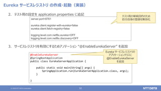 © 2020 NTT DATA Corporation 52
Eureka サービスレジストリ の作成・起動（実装）
2. テスト用の設定を application.properties に追記
3. サービスレジストリを有効にするためアノテーション “@EnableEurekaServer” を追加
@EnableEurekaServer
@SpringBootApplication
public class EurekaServerApplication {
public static void main(String[] args) {
SpringApplication.run(EurekaServerApplication.class, args);
}
}
Eureka サービスレジストリの
アプリケーションクラスに
@EnableEurekaServer
を追加
server.port=8761
eureka.client.register-with-eureka=false
eureka.client.fetch-registry=false
logging.level.com.netflix.eureka=OFF
logging.level.com.netflix.discovery=OFF
テスト用の単純目的のため
自分自身の登録を無効化
 
