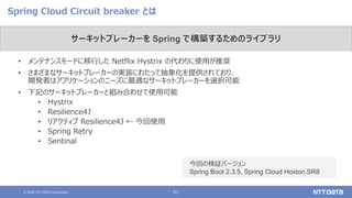 © 2020 NTT DATA Corporation 61
Spring Cloud Circuit breaker とは
• メンテナンスモードに移行した Netflix Hystrix の代わりに使用が推奨
• さまざまなサーキットブレーカーの実装にわたって抽象化を提供されており、
開発者はアプリケーションのニーズに最適なサーキットブレーカーを選択可能
• 下記のサーキットブレーカーと組み合わせて使用可能
• Hystrix
• Resilience4J
• リアクティブ Resilience4J ← 今回使用
• Spring Retry
• Sentinal
サーキットブレーカーを Spring で構築するためのライブラリ
今回の検証バージョン
Spring Boot 2.3.5, Spring Cloud Hoxton.SR8
 