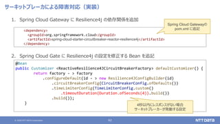 © 2020 NTT DATA Corporation 62
サーキットブレーカによる障害対応（実装）
1. Spring Cloud Gateway に Resilience4j の依存関係を追加
2. Spring Cloud Gate に Resilience4j の設定を修正する Bean を追記
<dependency>
<groupId>org.springframework.cloud</groupId>
<artifactId>spring-cloud-starter-circuitbreaker-reactor-resilience4j</artifactId>
</dependency>
Spring Cloud Gatewayの
pom.xml に追記
@Bean
public Customizer <ReactiveResilience4JCircuitBreakerFactory> defaultCustomizer() {
return factory - > factory
.configureDefault(id - > new Resilience4JConfigBuilder(id)
.circuitBreakerConfig(CircuitBreakerConfig.ofDefaults())
.timeLimiterConfig(TimeLimiterConfig.custom()
.timeoutDuration(Duration.ofSeconds(4)).build())
.build());
} 4秒以内にレスポンスがない場合
サーキットブレーカーが発動する設定
 