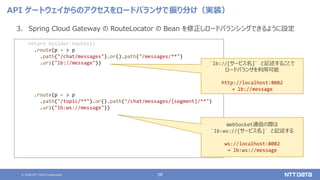 © 2020 NTT DATA Corporation 58
API ゲートウェイからのアクセスをロードバランサで振り分け（実装）
3. Spring Cloud Gateway の RouteLocator の Bean を修正しロードバランシングできるように設定
return builder.routes()
.route(p - > p
.path("/chat/messages").or().path("/messages/**")
.uri("lb://message"))
.route(p - > p
.path("/topic/**").or().path("/chat/messages/{segment}/**")
.uri("lb:ws://message"))
`lb://[サービス名]` と記述することで
ロードバランサを利用可能
http://localhost:8082
→ lb://message
WebSocket通信の際は
`lb:ws://[サービス名]` と記述する
ws://localhost:8082
→ lb:ws://message
 