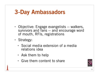 3-Day Ambassadors

•   Objective: Engage evangelists -- walkers,
    survivors and fans -- and encourage word
    of mouth, RFIs, registrations
•   Strategy:
    •   Social media extension of a media
        relations idea
    •   Ask them to help
    •   Give them content to share

                                                33
 