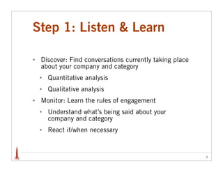 Step 1: Listen & Learn

•   Discover: Find conversations currently taking place
    about your company and category
    •   Quantitative analysis
    •   Qualitative analysis
•   Monitor: Learn the rules of engagement
    •   Understand what’s being said about your
        company and category
    •   React if/when necessary


                                                          9
 