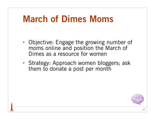 March of Dimes Moms

•   Objective: Engage the growing number of
    moms online and position the March of
    Dimes as a ...