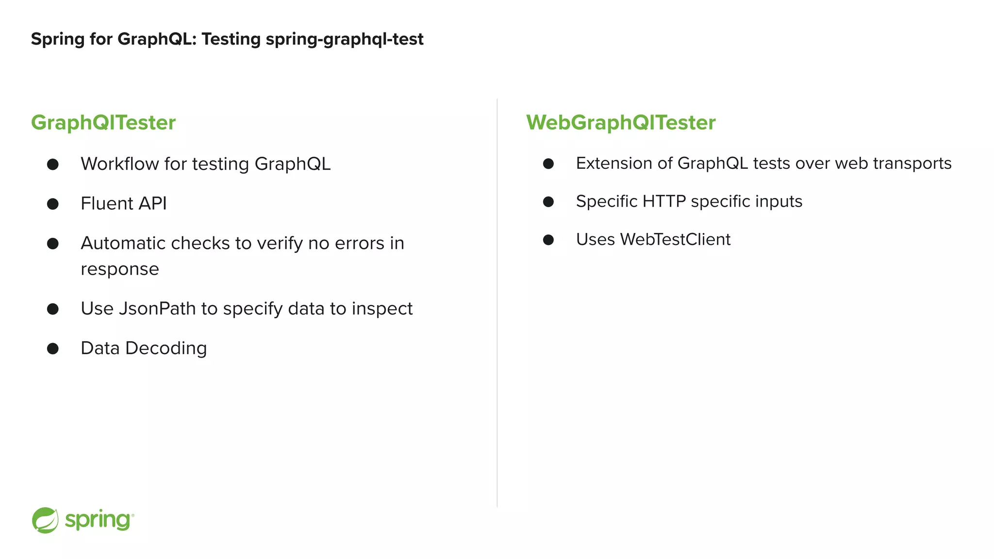 Spring for GraphQL: Testing spring-graphql-test GraphQlTester ● Workflow for testing GraphQL ● Fluent API ● Automatic checks to verify no errors in response ● Use JsonPath to specify data to inspect ● Data Decoding WebGraphQlTester ● Extension of GraphQL tests over web transports ● Specific HTTP specific inputs ● Uses WebTestClient 